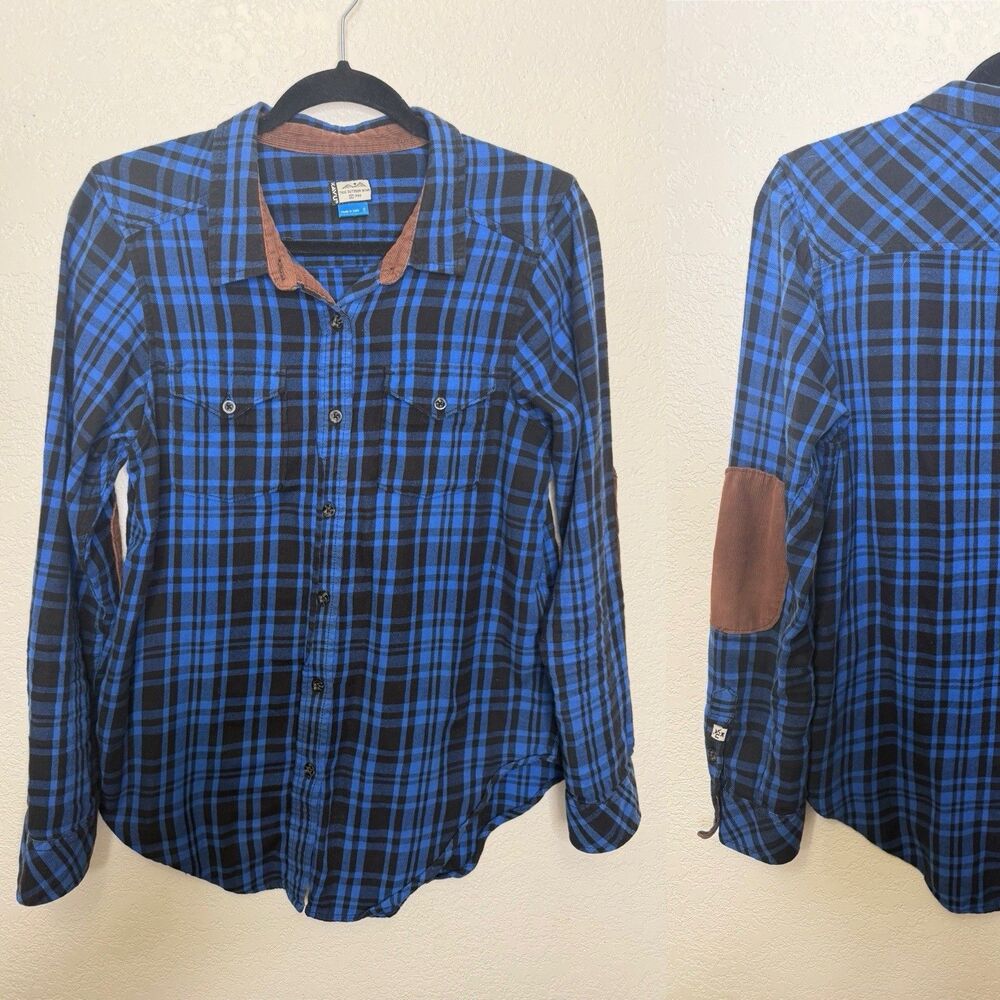 KAVU Plaid Blue Button Up Flannel Womens Size S Elbow Patches Grandpa Cabincore